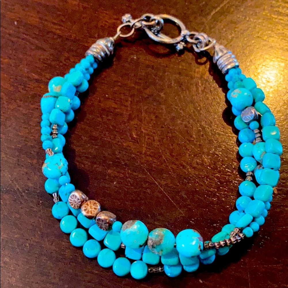 Turquoise and silver three strand beaded bracelet